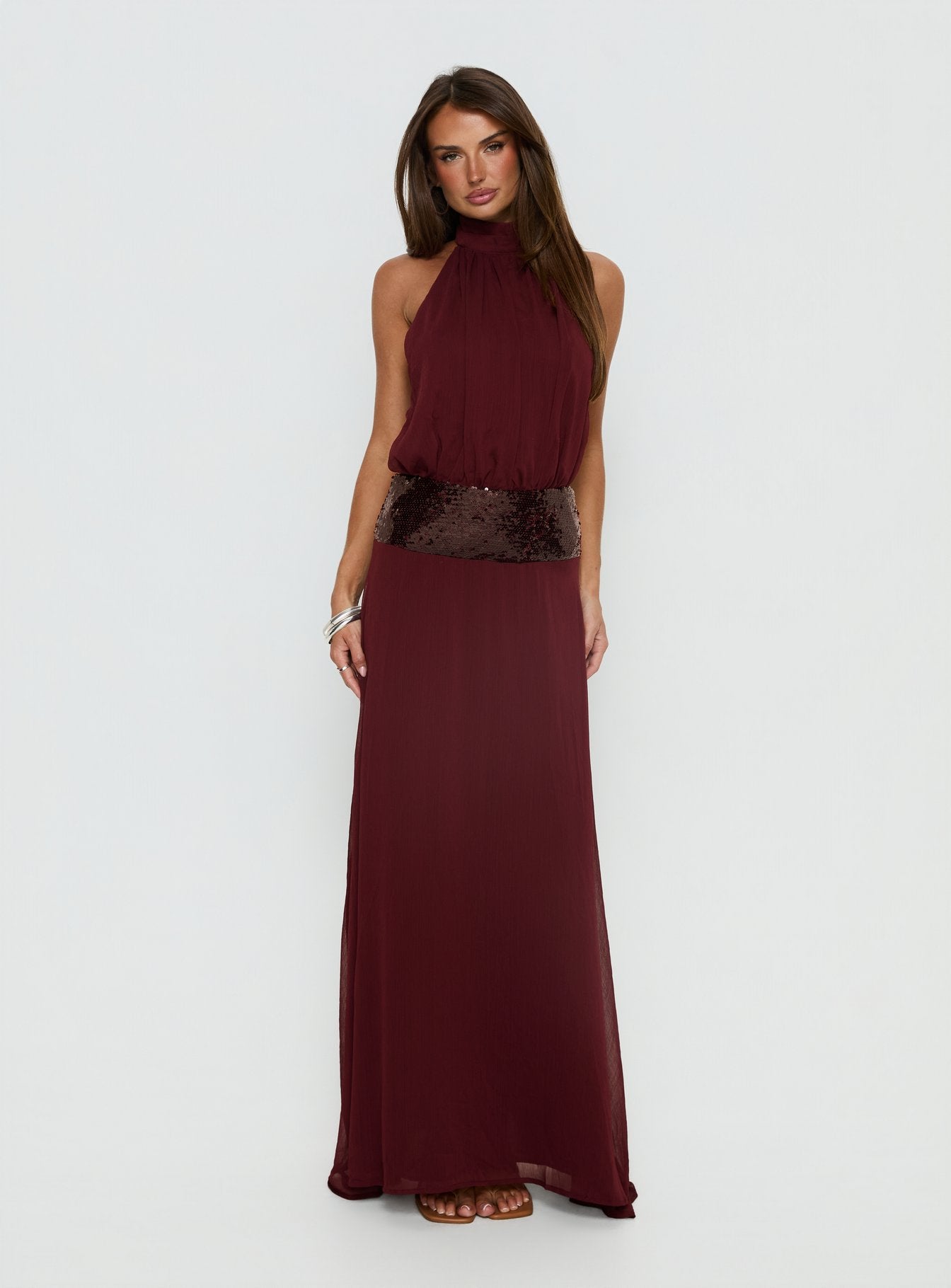 Darwinn Drop Waist Sequin Detail Maxi Dress Burgundy - Image 2