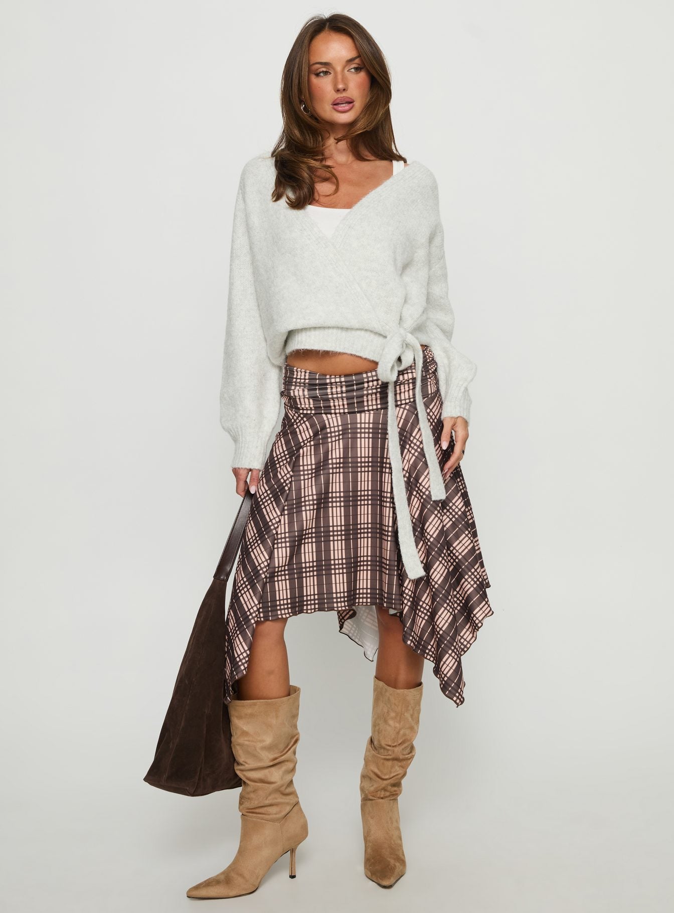 Scholar Asymmetrical Midi Skirt Brown Check - Image 2