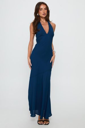 Luannie Halter Scarf Tie Maxi Dress Navy