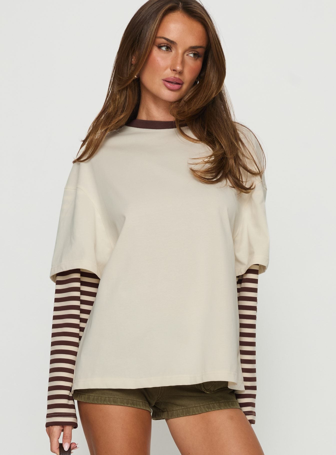 Ryann Long Sleeve Layered Top Cream / Brown Stripe - Image 2