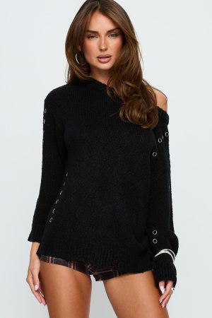Esenia Eyelet Detail Knit Sweater Black / Silver