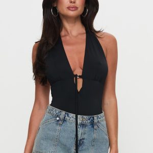 Two Summers Plunge Neck Bodysuit Black Tall