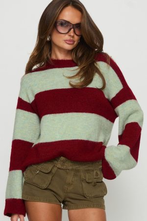 Nesha Fluffy Knit Sweater Red / Blue Stripe