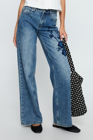 Sisterhood Mid Rise Wide Leg Patchwork Jeans Mid Blue Wash