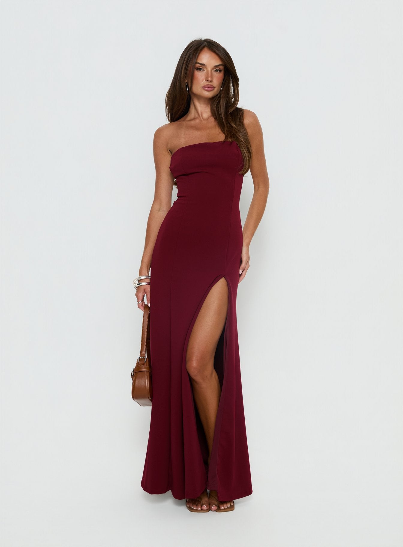 Diamanti Strapless High Slit Maxi Dress Burgundy - Image 2