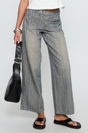 Lifetimes Mid Rise Wide Leg Cargo Jeans Dark Blue Stripe