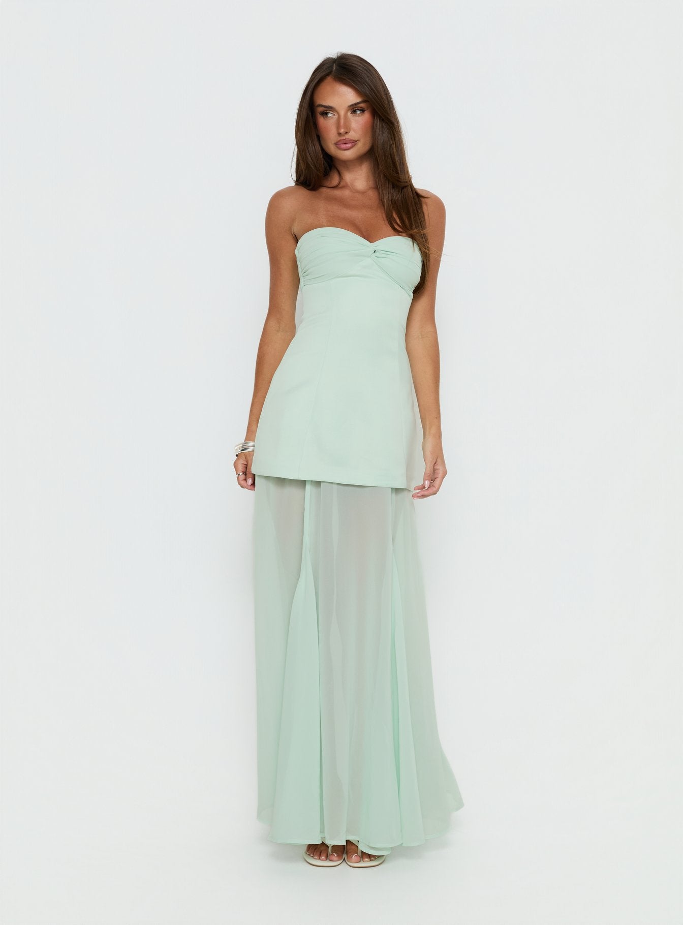 Flashy Sheer Chiffon Strapless Maxi Dress Green - Image 2