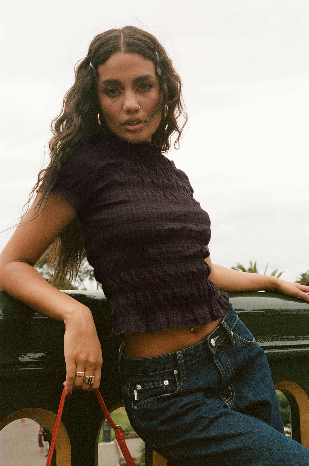 Romelle Shirred Top Black / Brown Plaid - Image 13
