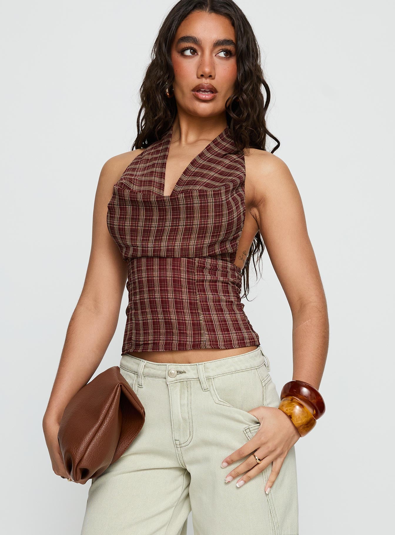 Kendia Plunge Halter Top Red Check - Image 2