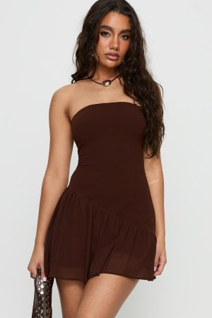 Hadlea Strapless Asymmetrical Mini Dress Brown
