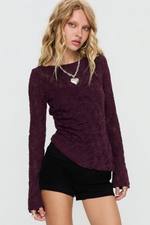 Branna Ruched Lace Long Sleeve Top Plum