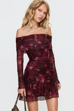 Marrissa Off Shoulder Long Sleeve Mini Dress Burgundy Floral