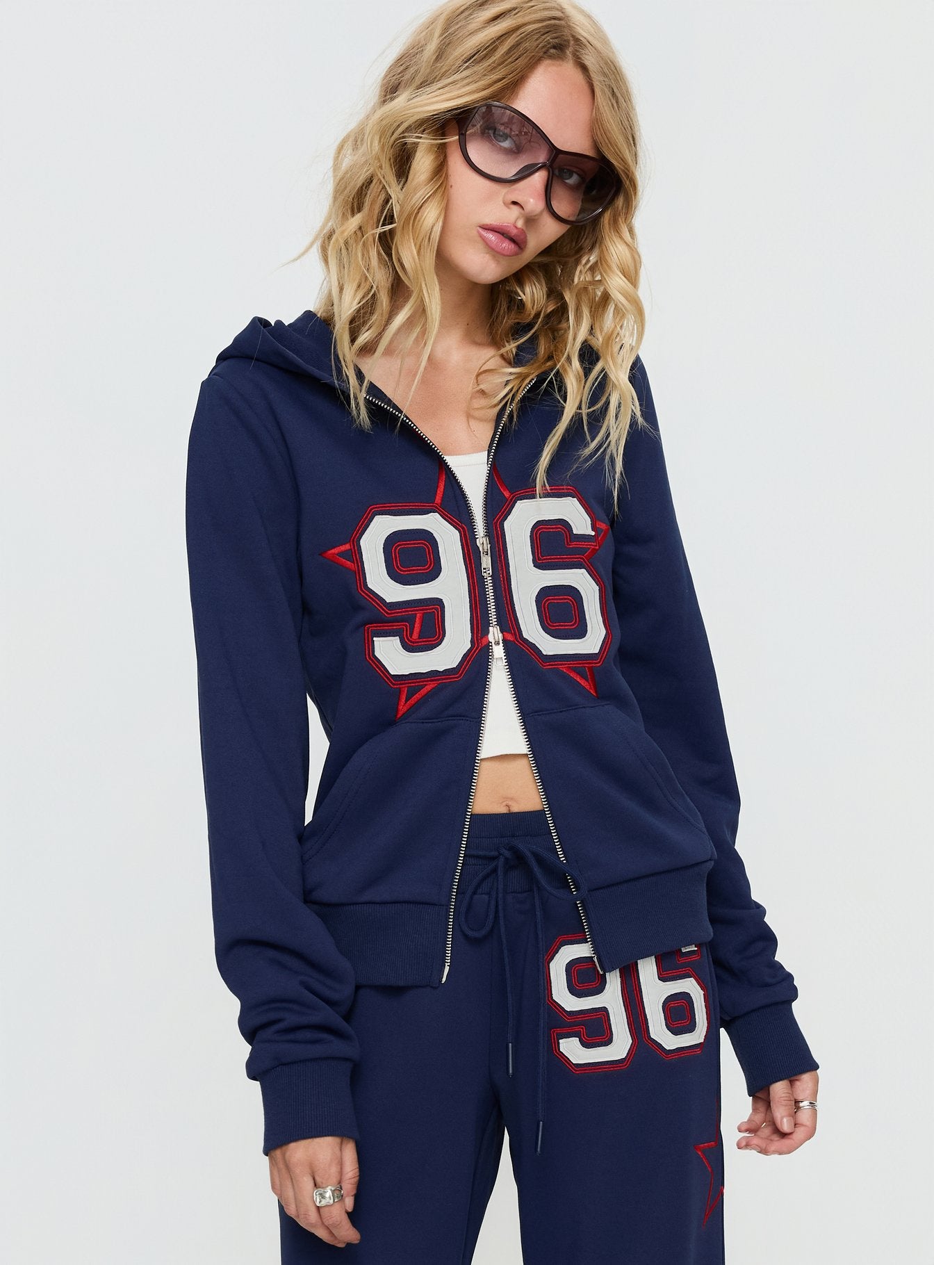 Kari Distressed Zip Through Top Navy Multi - Image 2