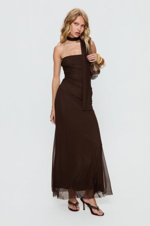 Ainslea Halter Scarf Maxi Dress Dark Brown