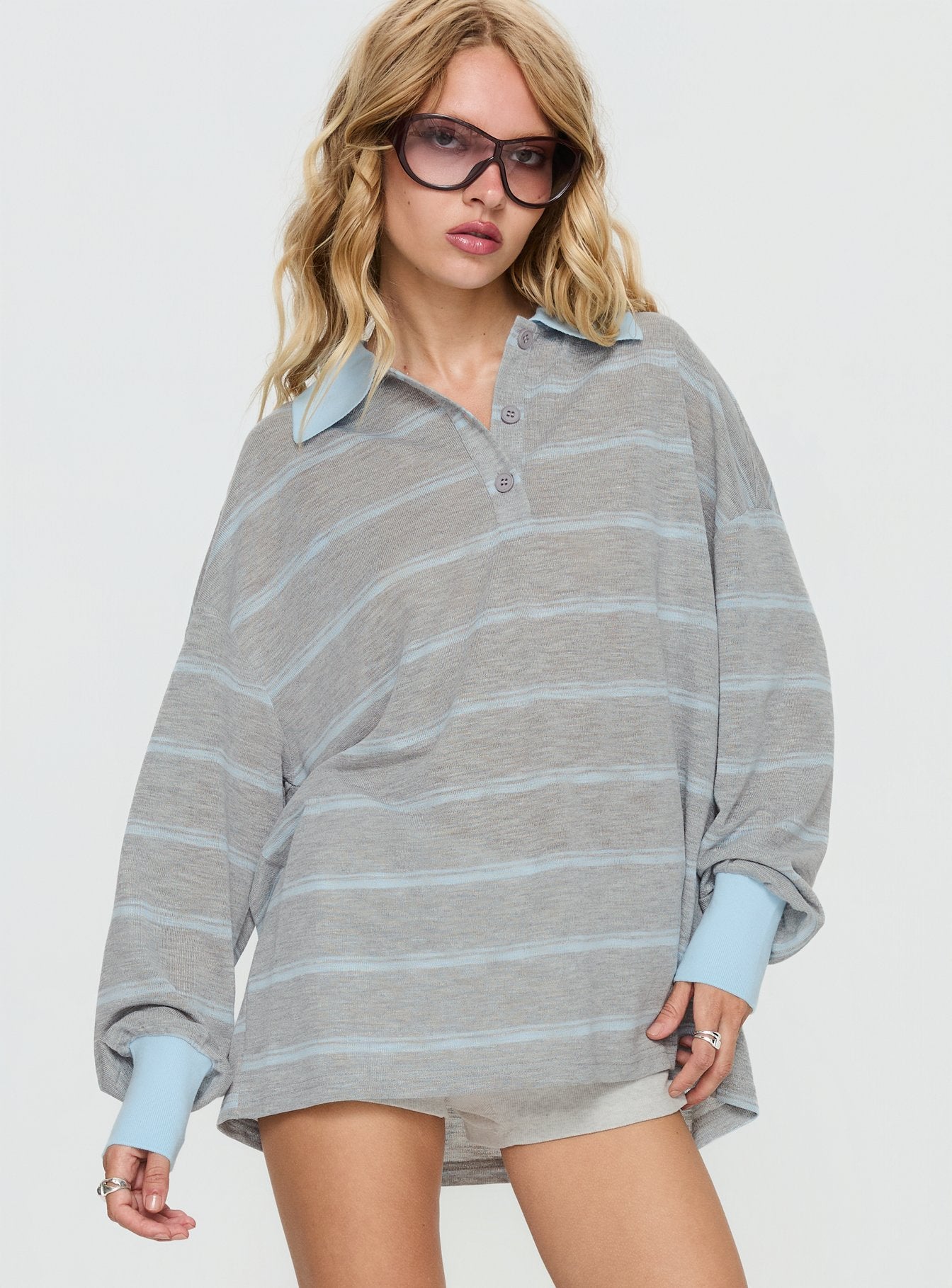 Aleka Long Sleeve Rugby Jersey Grey / Blue Stripe - Image 2