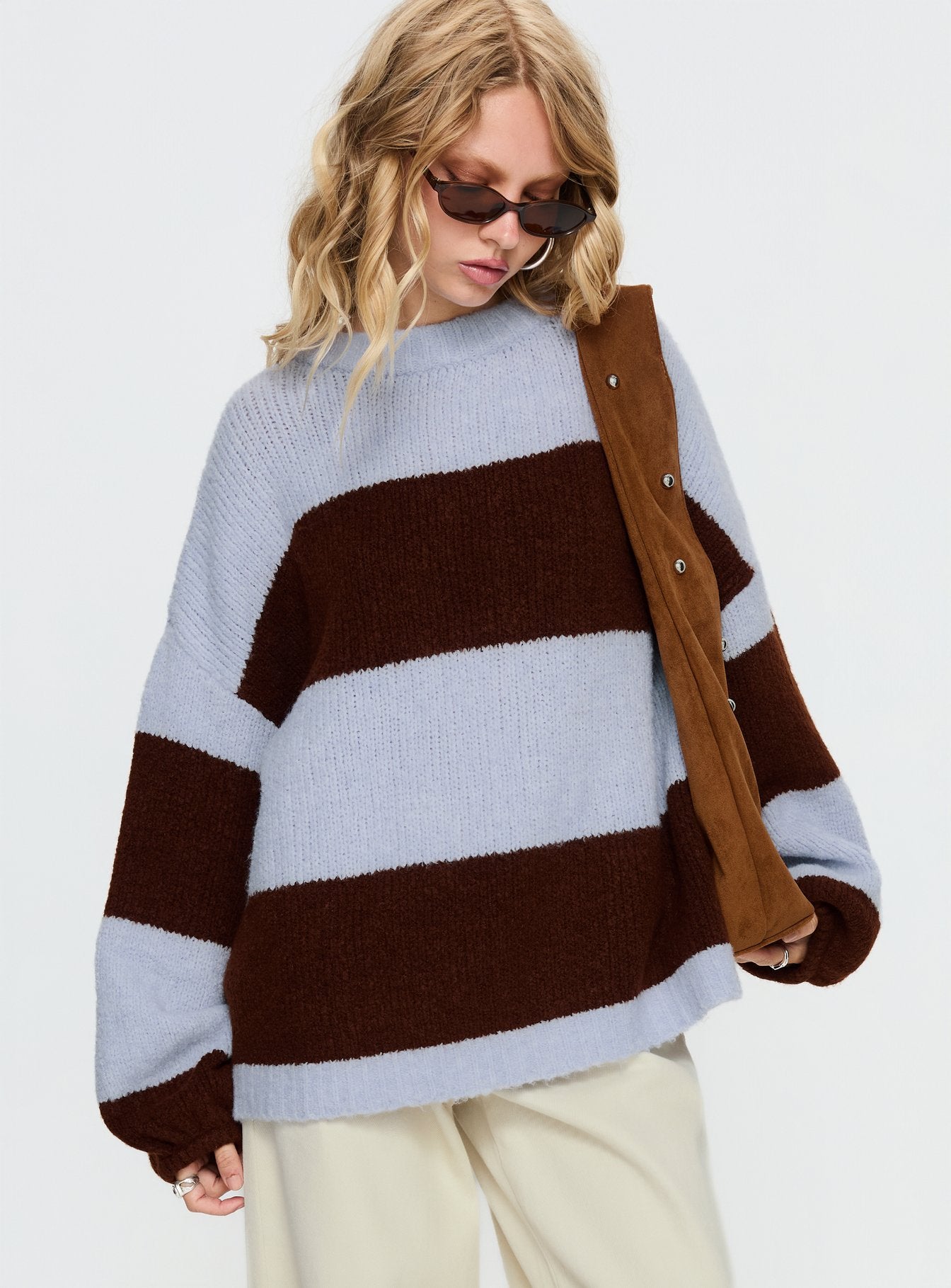 Bastien Crew Neck Knit Sweater Blue / Chocolate Stripe - Image 2