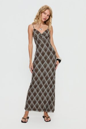 Idaline V Neck Maxi Dress Brown Check