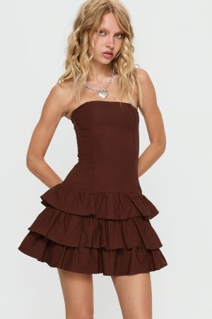 Valentia Tiered Mini Dress Chocolate