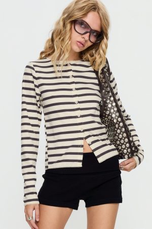 Marvella Button Up Long sleeve Top Dark Grey / Cream Stripe