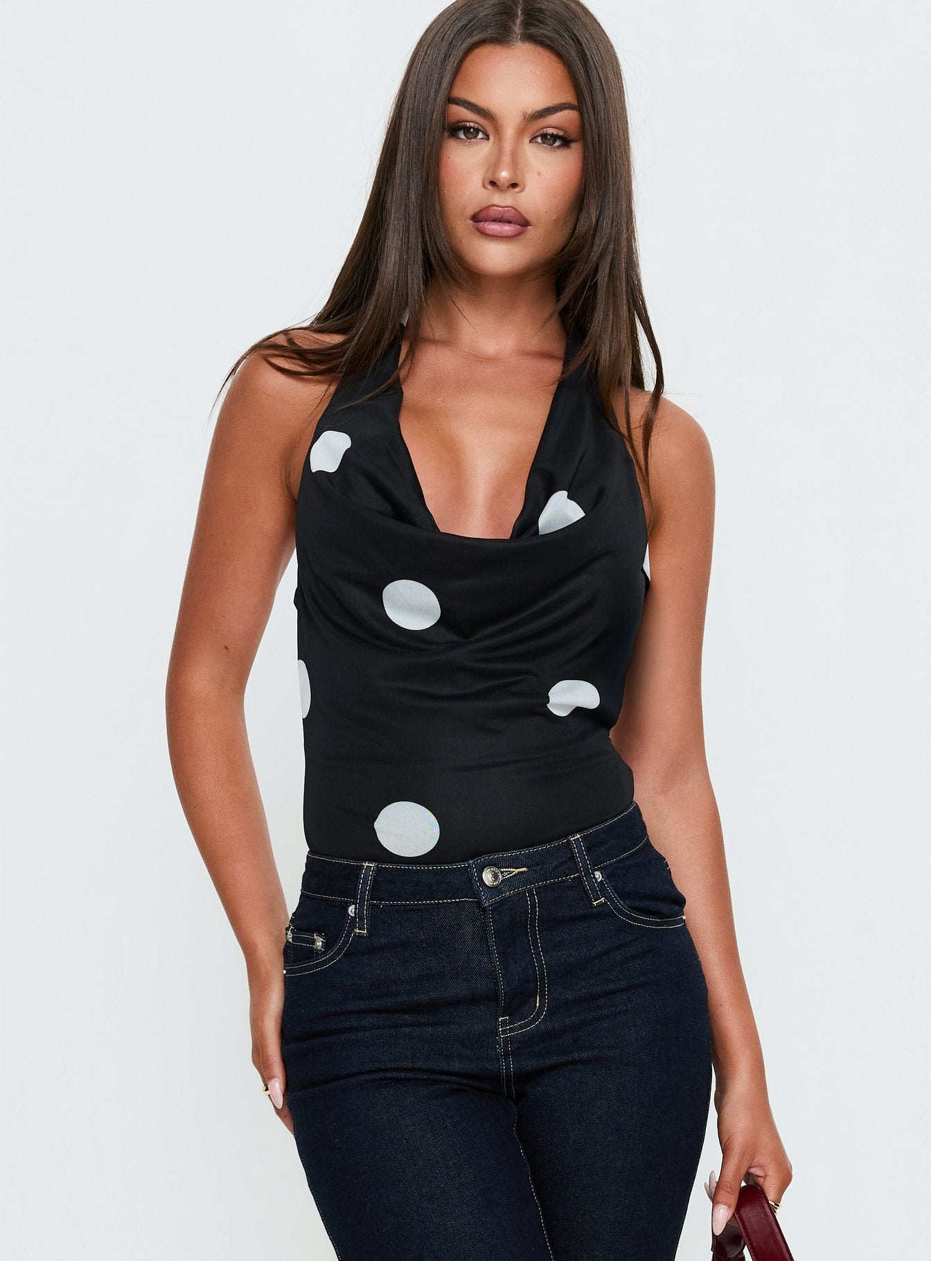 Cleona Plunge Neck Bodysuit Black Polka - Image 2