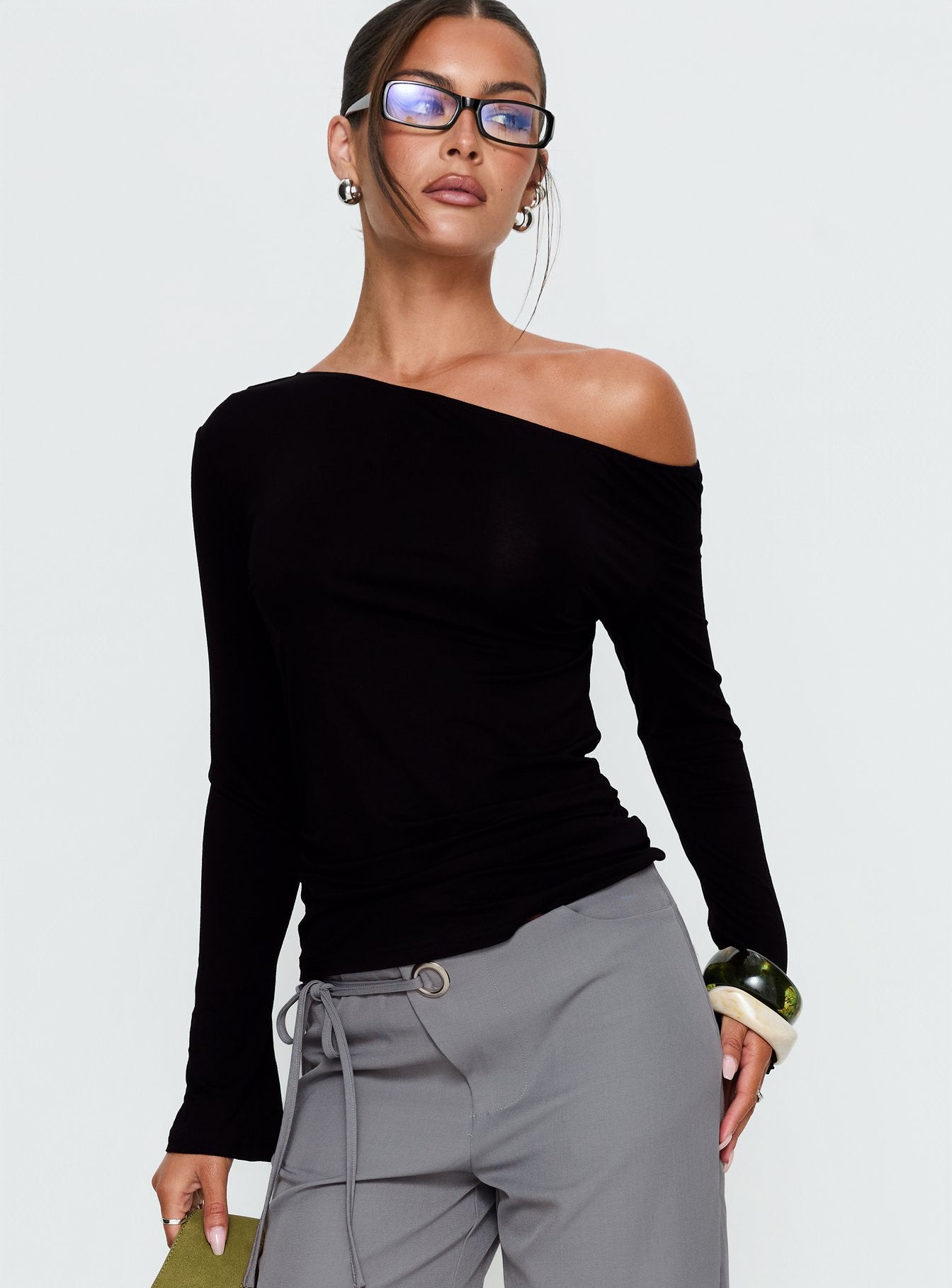 Get Home Safe One Shoulder Long Sleeve Top Black - Image 2