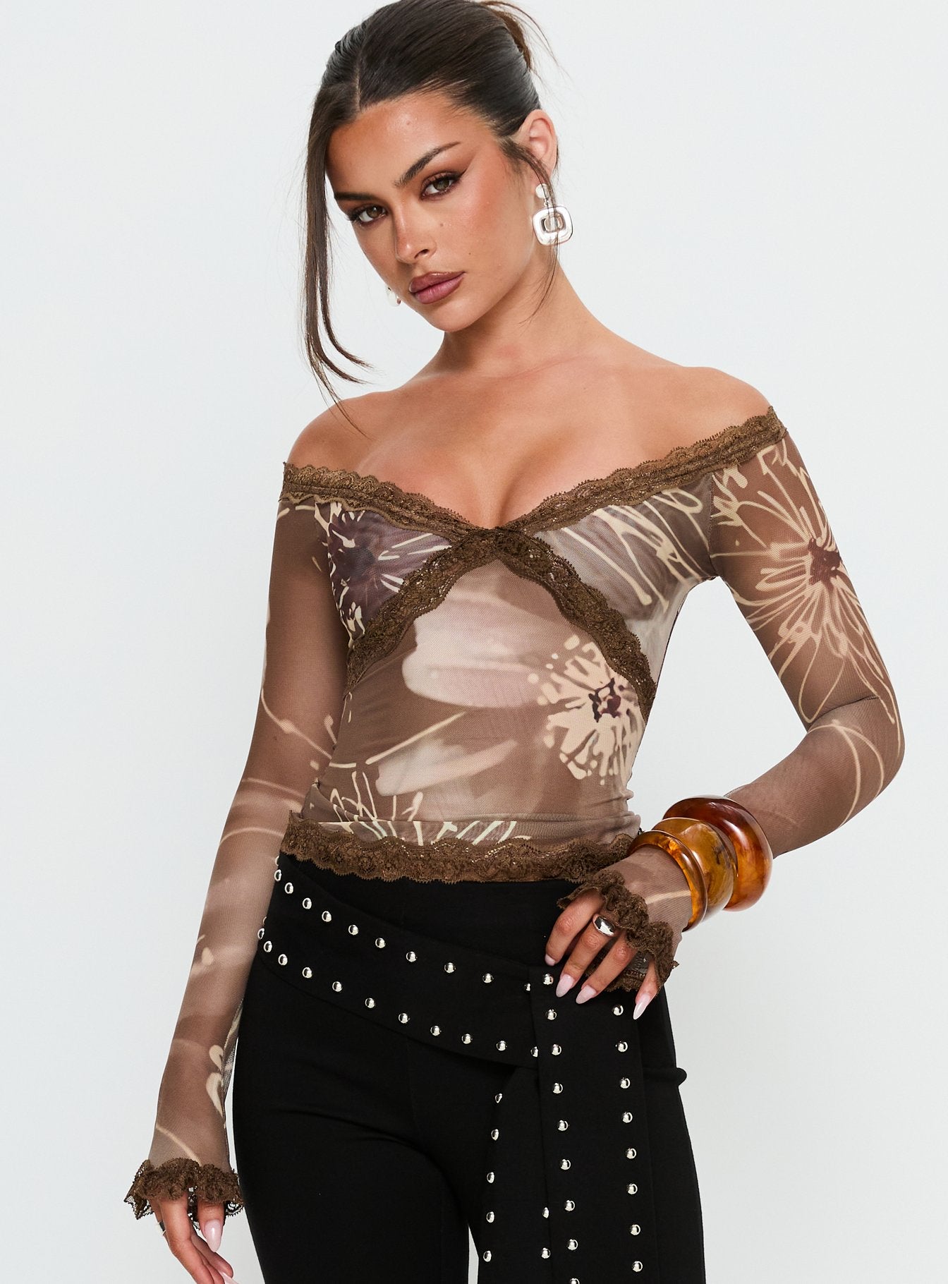 Katlyne Long Sleeve Lace Trim Top Brown Floral - Image 2