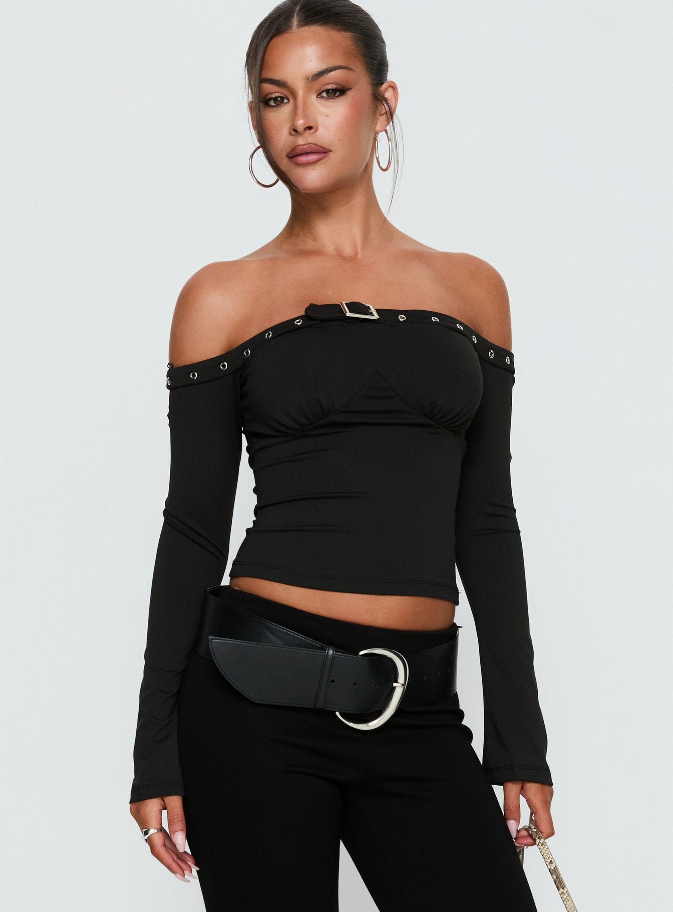 Mansa Off Shoulder Buckle Detail Top Black - Image 2
