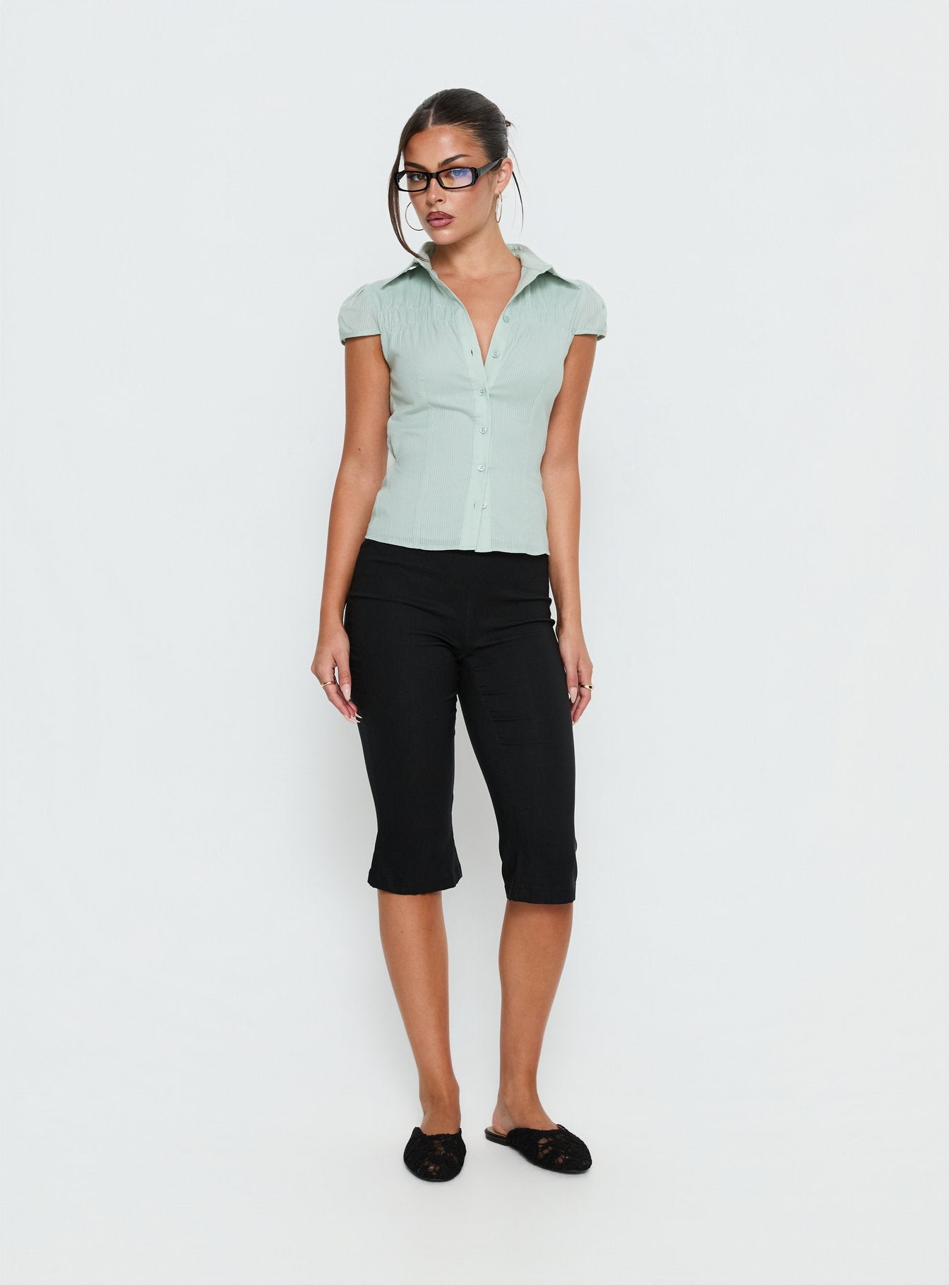 Adulation Ruched Detail Short Sleeve Shirt Green - Image 2