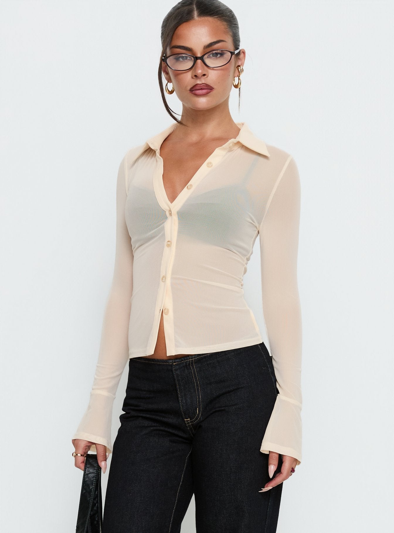 Two Of Us Sheer Long Sleeve Top Cream - Image 2