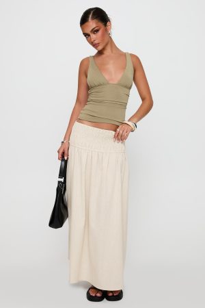 Small Towns Shirred Midi Skirt Beige