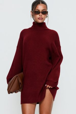 Coleena Long Sleeve Knit Mini Dress Burgundy