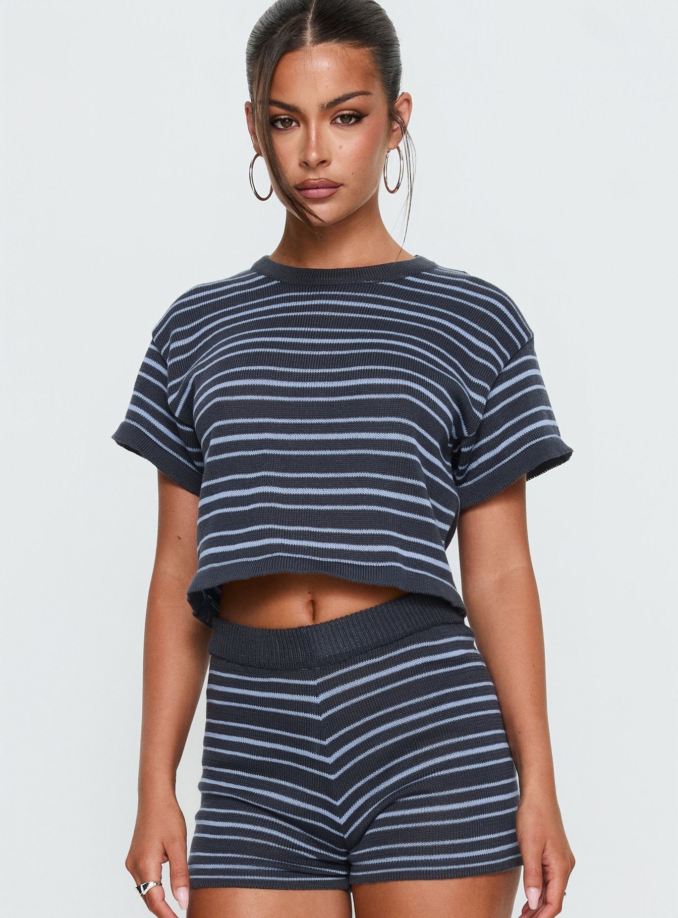 Arlynn Knit Cropped Crew Neck Top Blue Stripe - Image 2