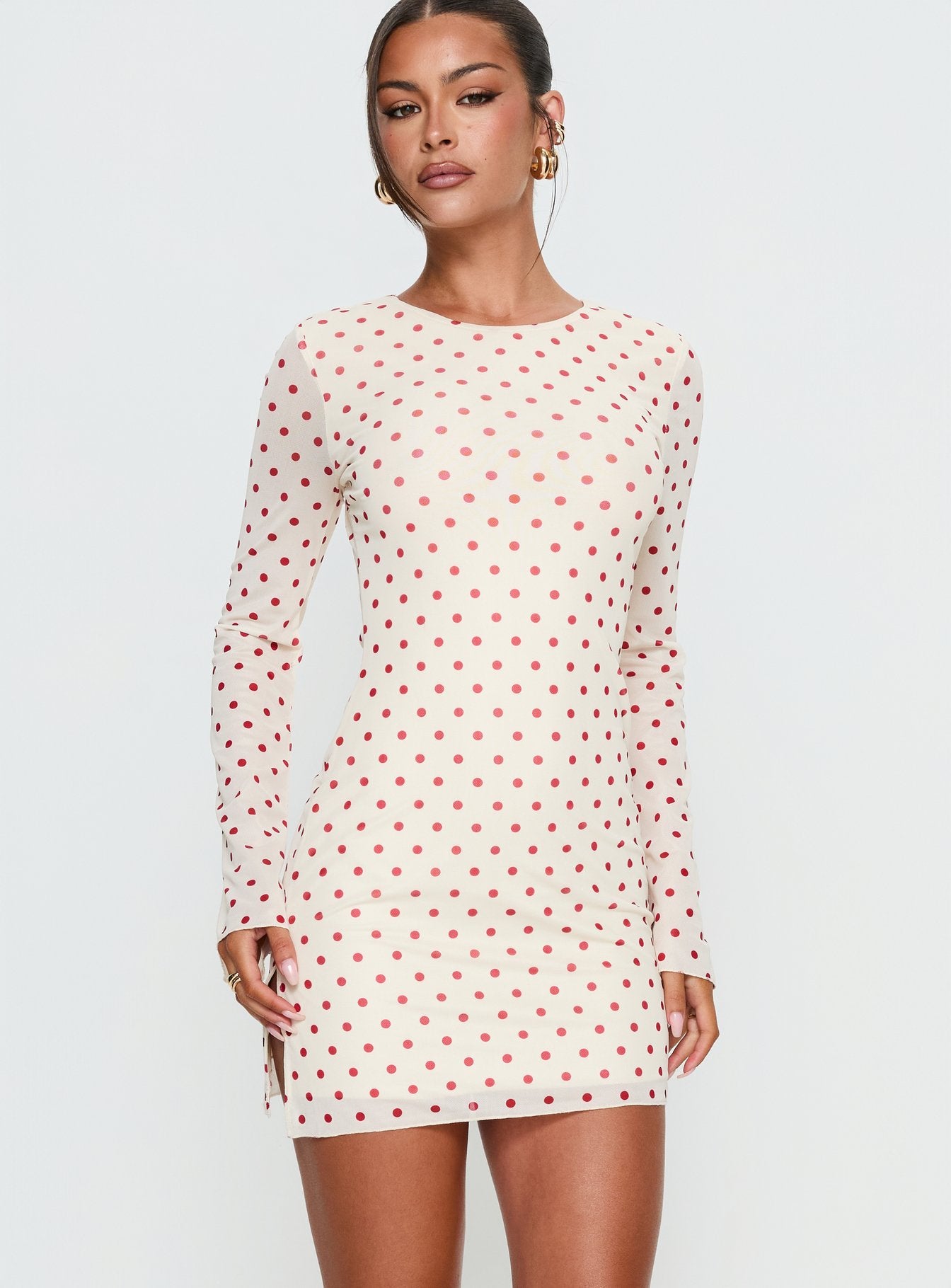 Nyxia Long Sleeve Mini Dress Cream / Red Polka - Image 2