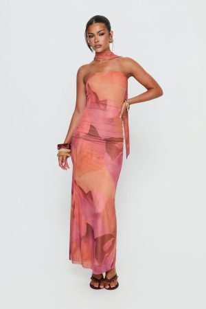Davynn Scarf Detail Strapless Maxi Dress Pink Multi
