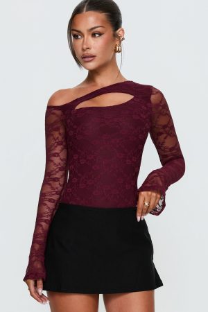 Macaria Long Sleeve Lace Bodysuit Red