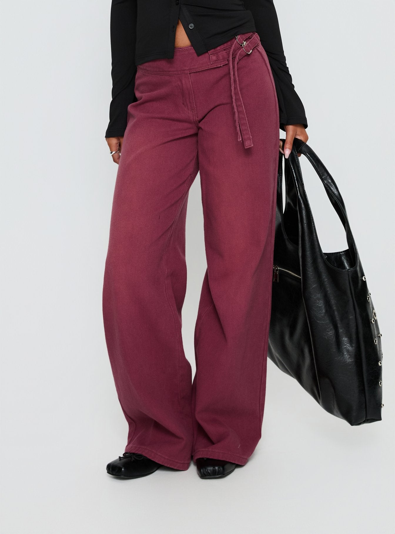 Boxie Mid Rise Wide Leg Jeans Washed Burgundy - Image 2