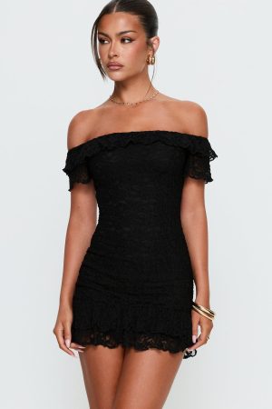 Bonnee Off Shoulder Lace Mini Dress Black
