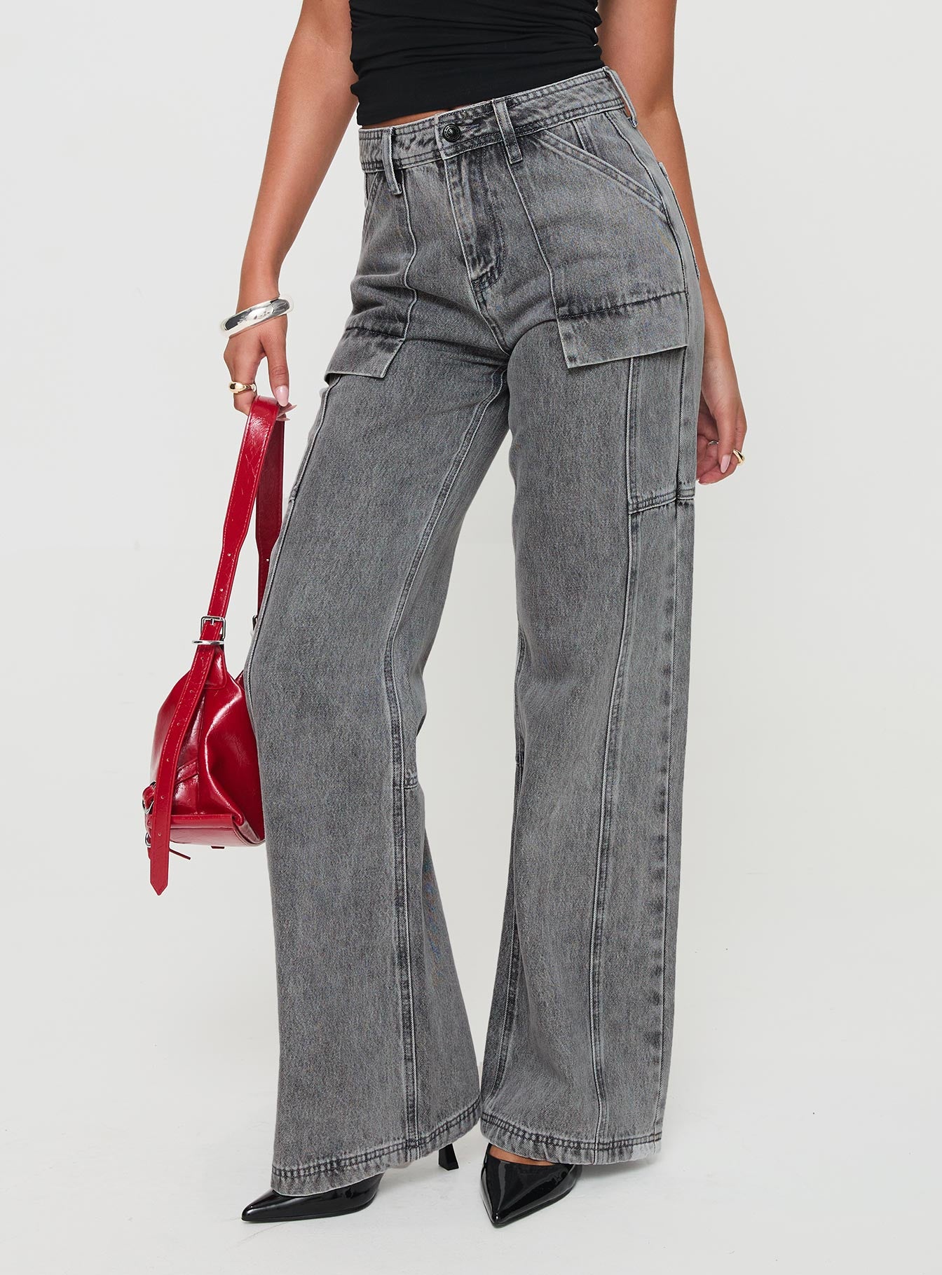 Chad High Rise Flared Cargo Jeans Washed Grey - Image 2