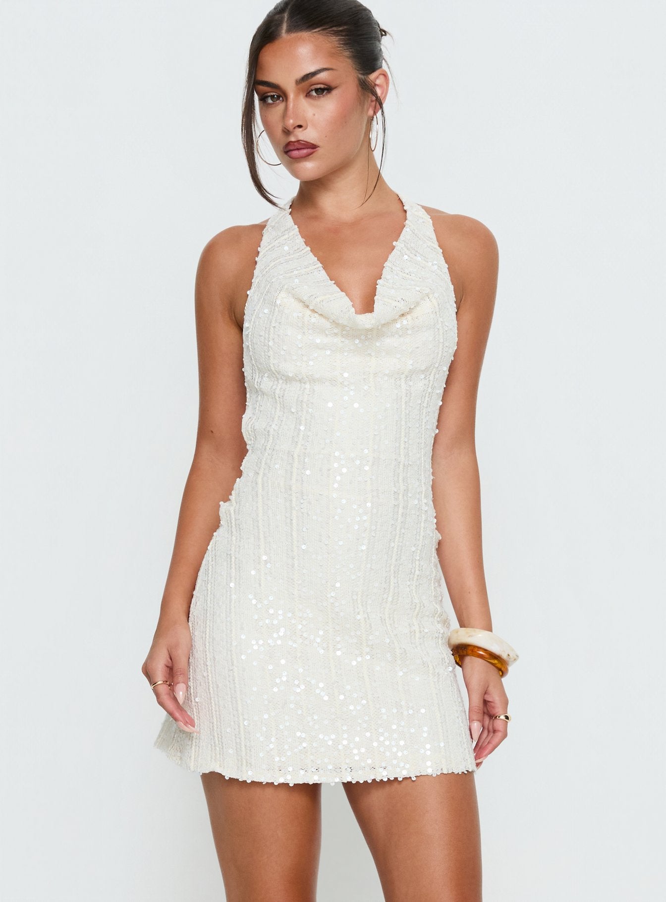 Kaimeila Halter Sequin Mini Dress Cream - Image 2