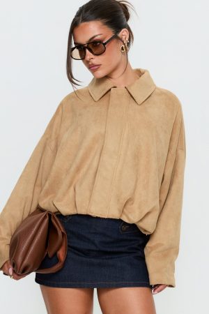 Enlightened Faux Suede Bomber Jacket Beige