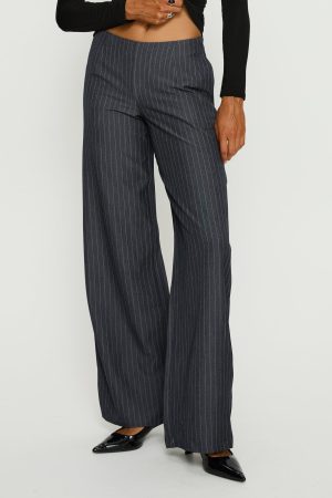 Khane Low Rise Wide Leg Pant Charcoal Pinstripe
