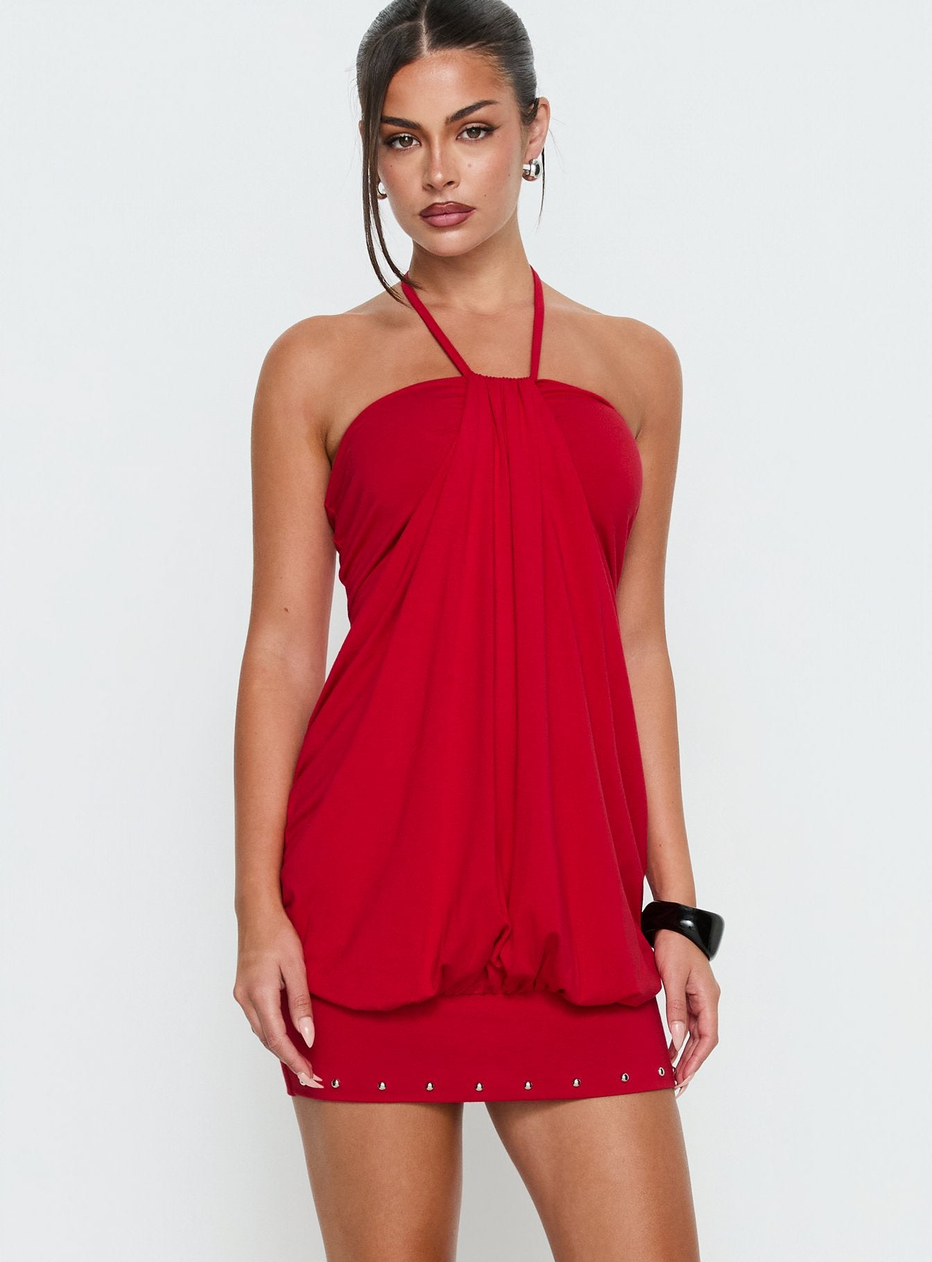 Jordonna Gathered Halter Mini Dress Red - Image 2