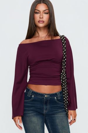 Anastasie Off Shoulder Long Sleeve Top Deep Red