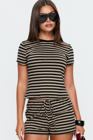 Settle Down Baby Tee Black / Beige Stripe