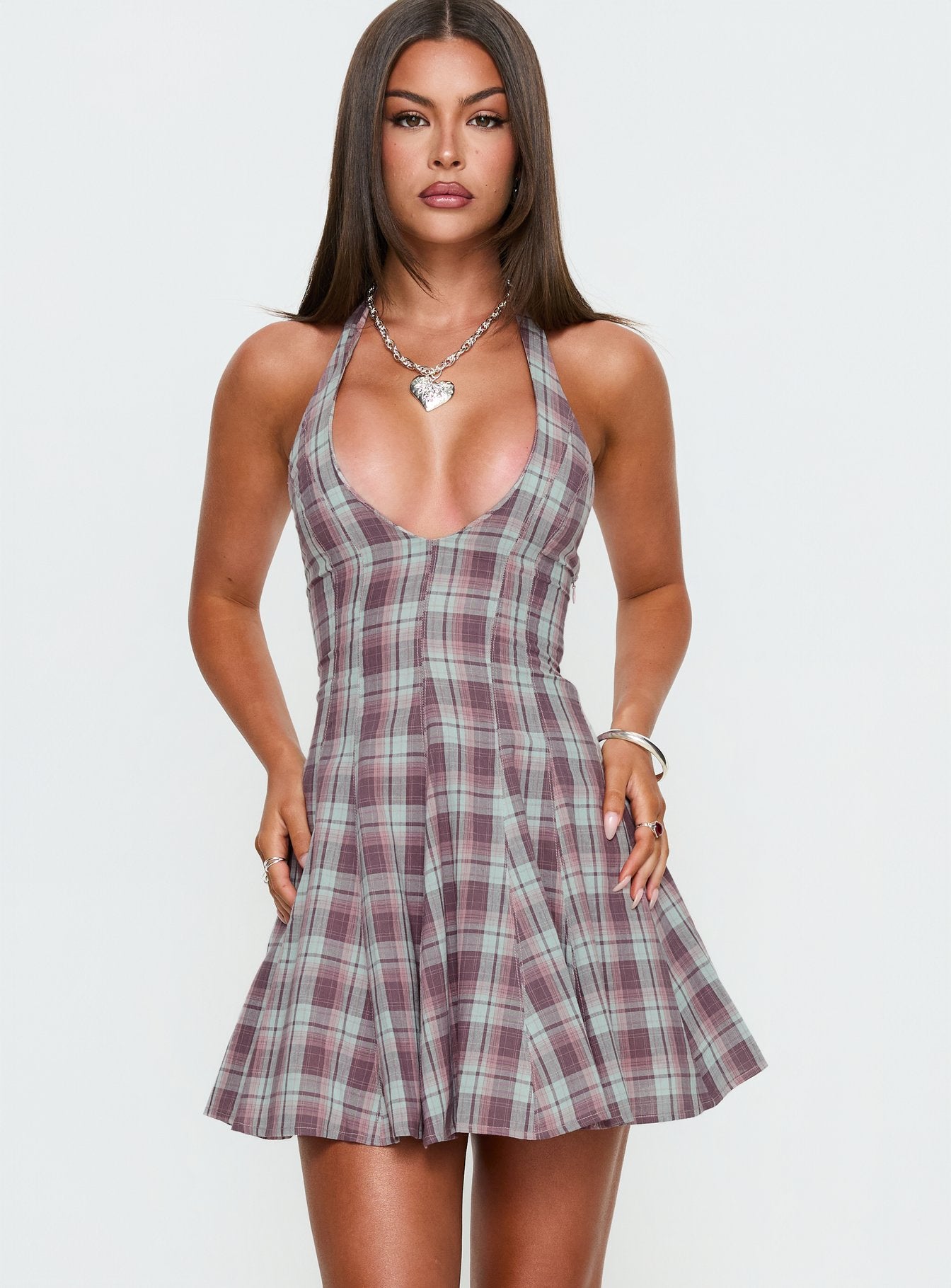Out Of Nowhere Halter Mini Dress Burgundy / Pink Check - Image 2