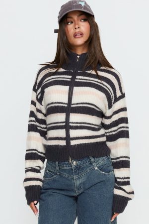 Tetra Zip Through Knit Sweater Pink Stripe