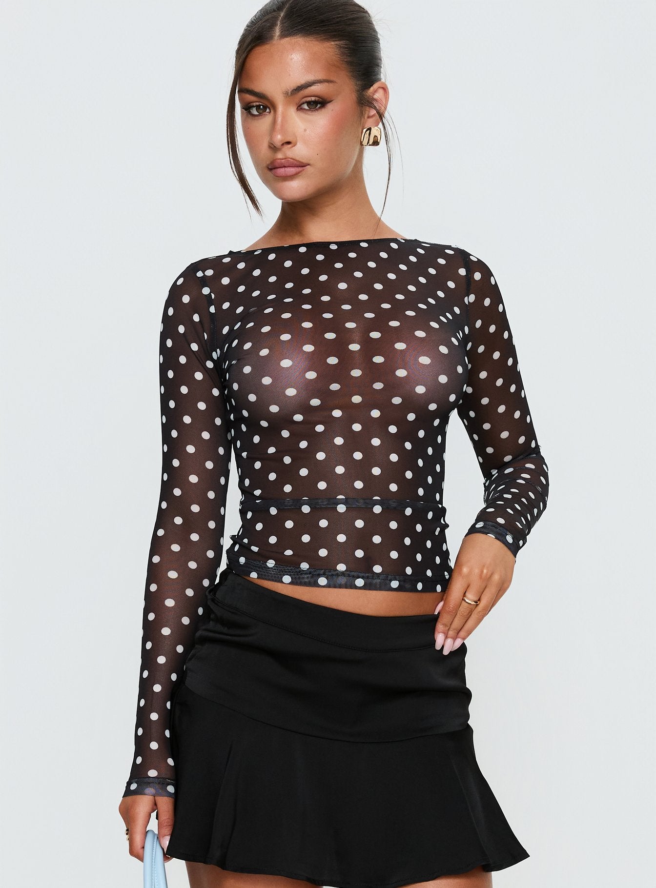 Rosenda Mesh Long Sleeve Top Black / White Polka - Image 2