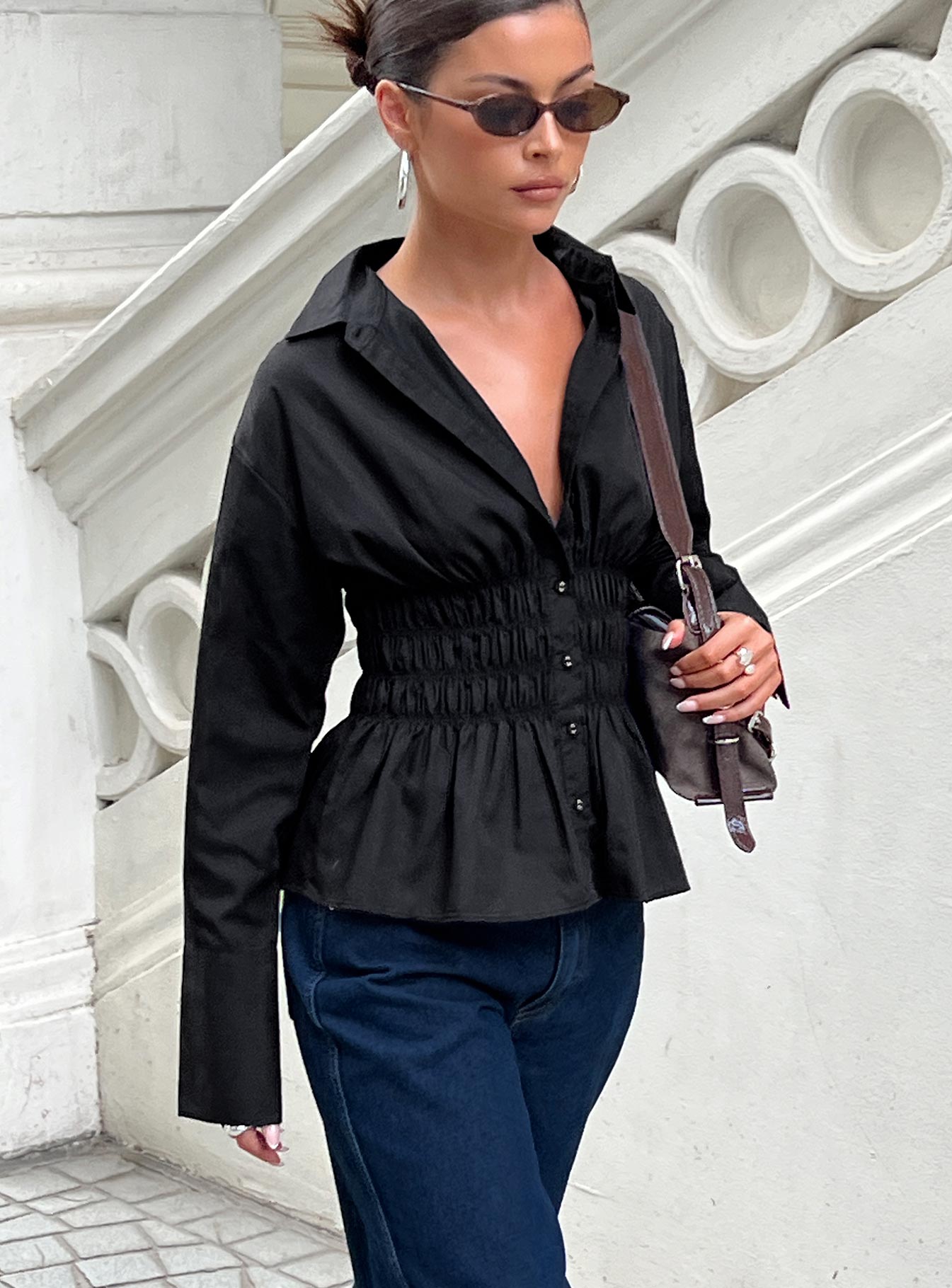 As You Are Shirred Button Up Top Black - Image 3