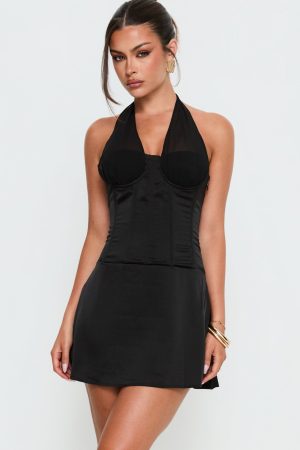 Evalana Halter Corset Mini Dress Black