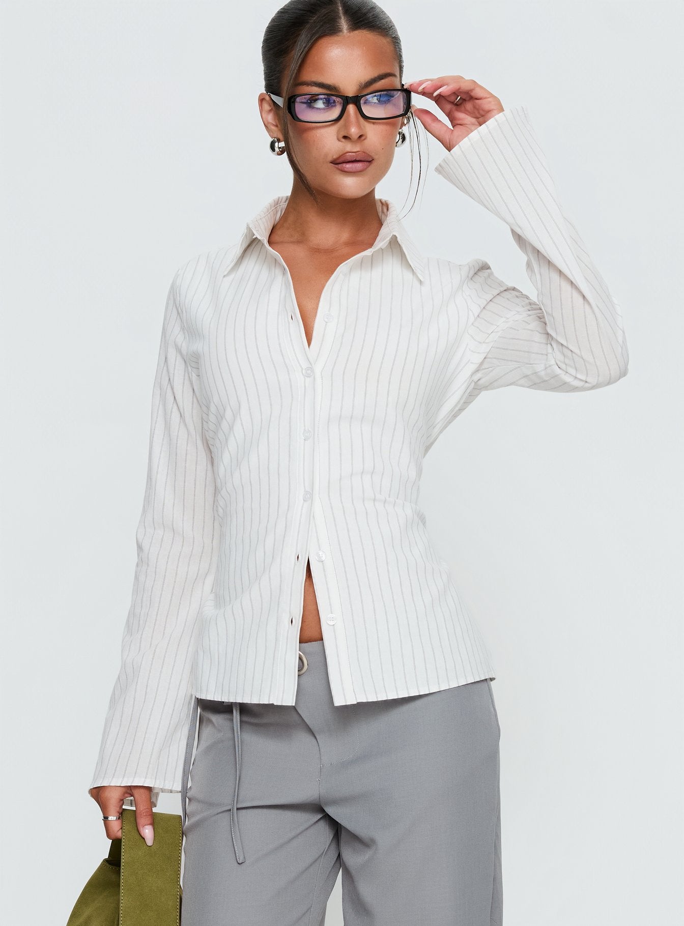 Eryx Tie Back Button Up Top White Pinstripe - Image 2